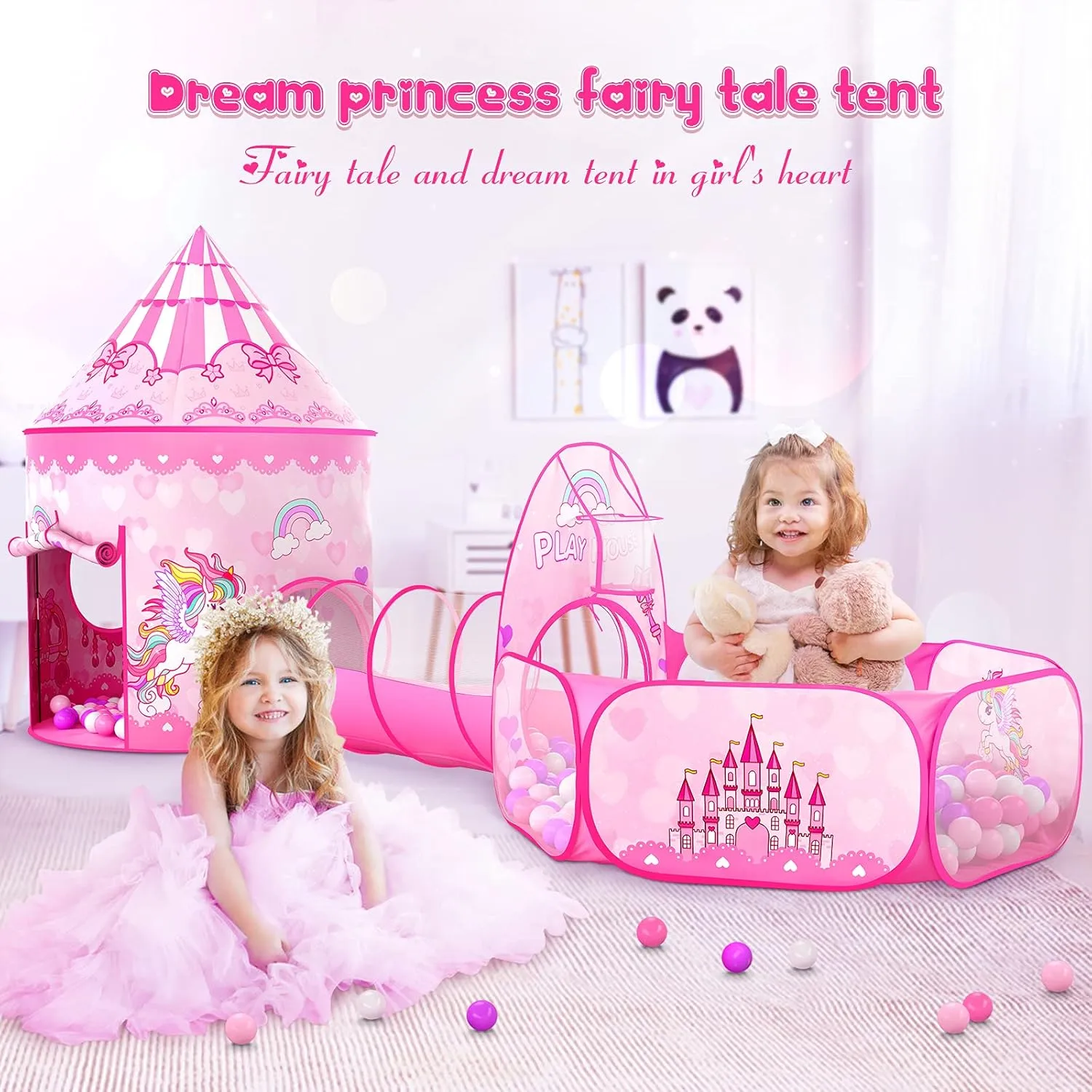 3PC Princess Tent for Girls with Kids Ball Pit and Crawl Tunnel for Toddlers, Pink Pop Up Playhouse Toys Indoor& Outdoor for Birthday Gifts