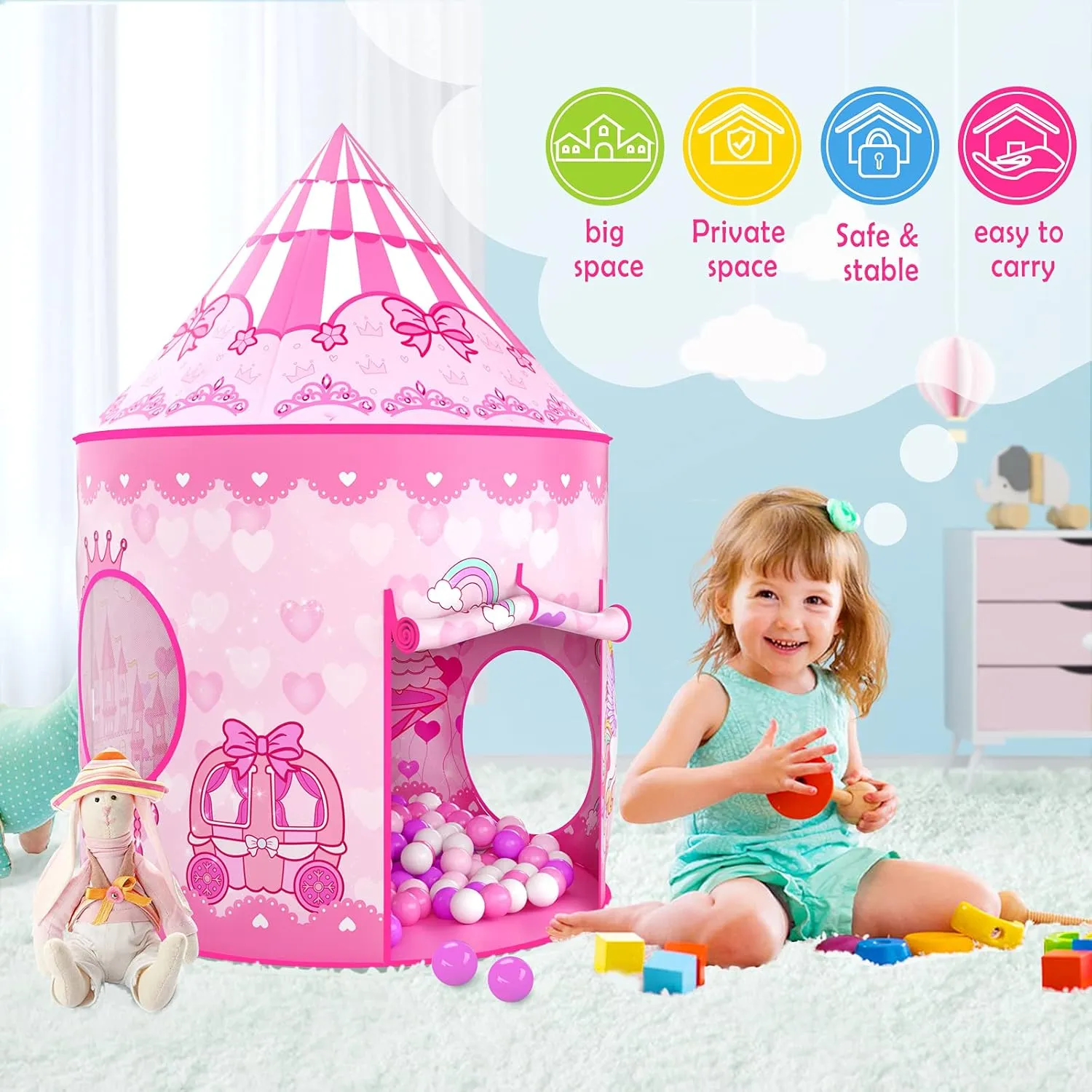 3PC Princess Tent for Girls with Kids Ball Pit and Crawl Tunnel for Toddlers, Pink Pop Up Playhouse Toys Indoor& Outdoor for Birthday Gifts