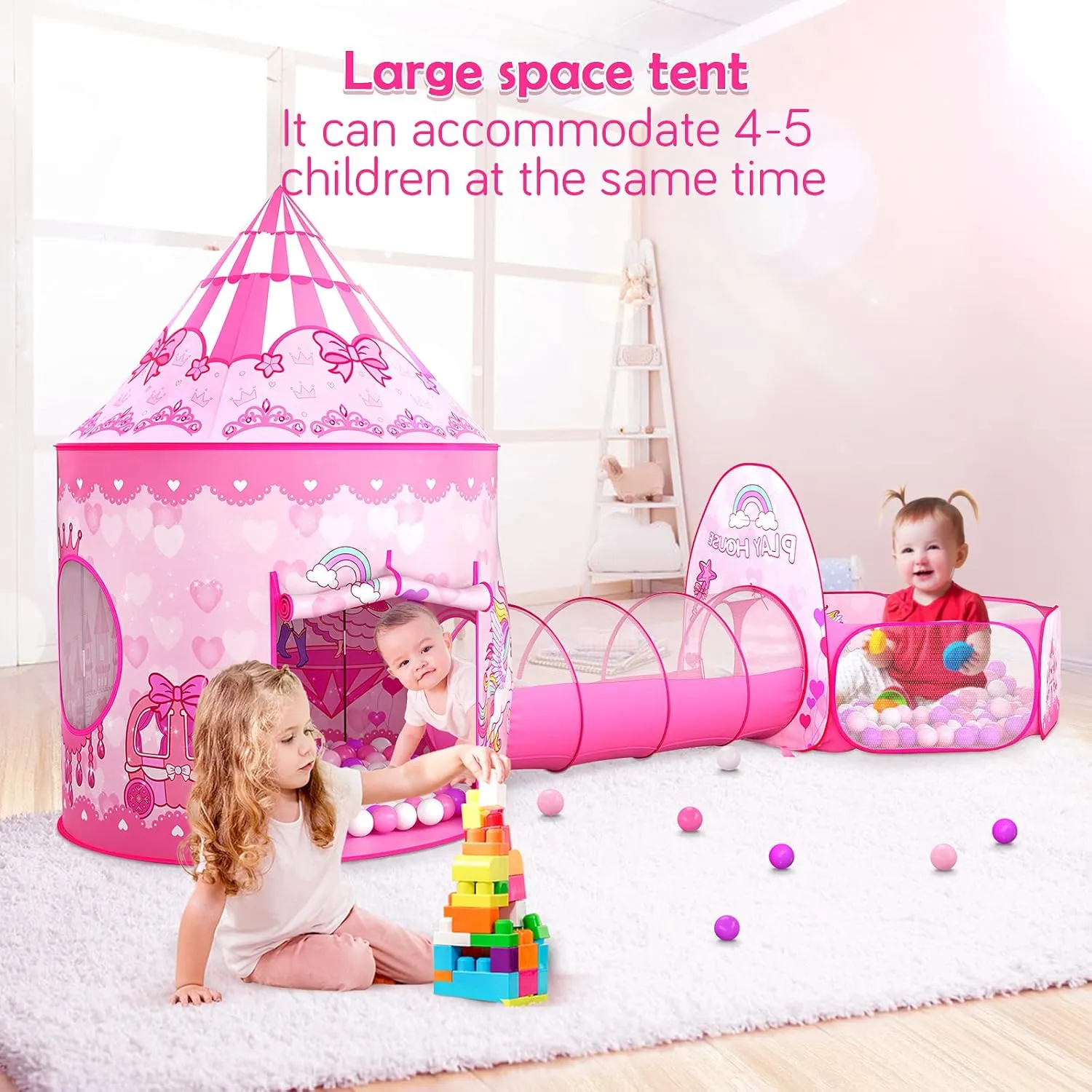 3PC Princess Tent for Girls with Kids Ball Pit and Crawl Tunnel for Toddlers, Pink Pop Up Playhouse Toys Indoor& Outdoor for Birthday Gifts