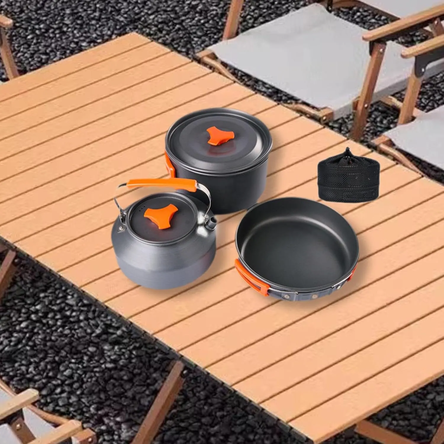3Pcs Camping Cooking Set, Camping Cookware Mess Kit, Aluminum Alloy Frying Pan Teapot Kettle for Outdoor BBQ Picnic Trekking