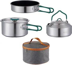 3Pcs Camping Cooking Set Pot Frying Pan Kettle Lightweight Stockpot Included Carry Bag Camping Cookware Mess Kit for Trekking