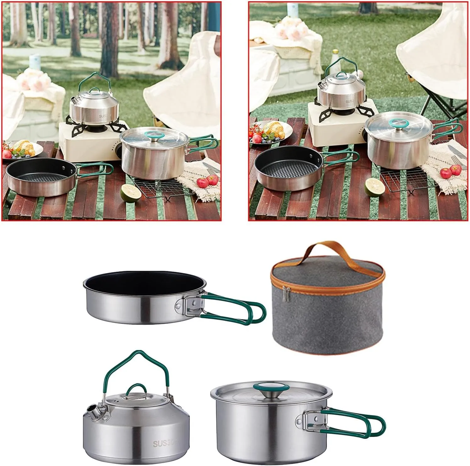 3Pcs Camping Cooking Set Pot Frying Pan Kettle Lightweight Stockpot Included Carry Bag Camping Cookware Mess Kit for Trekking