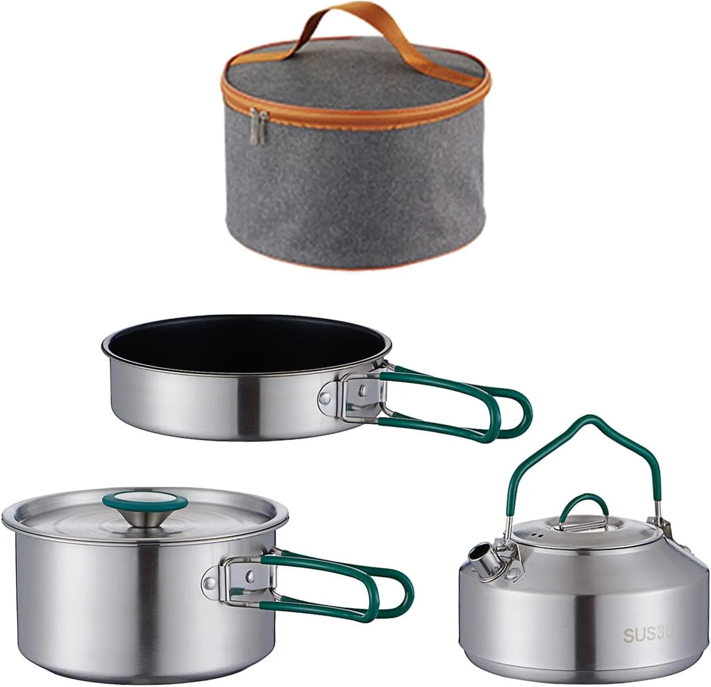 3X Camping Cooking Set with Storage Pouch Foldable Handle Cookset Camping Cookware Mess Kit Pot Pan Kettle for Home Barbecue, 0.9 L Frying Pan