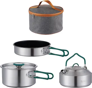 3X Camping Cooking Set with Storage Pouch Foldable Handle Cookset Camping Cookware Mess Kit Pot Pan Kettle for Home Barbecue, 0.9 L Frying Pan