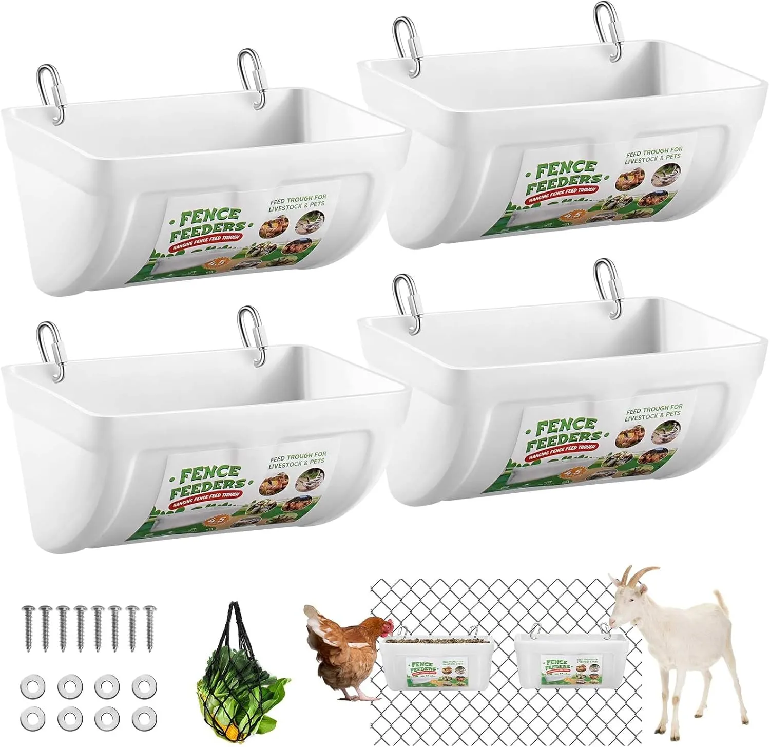 4 Pack Chicken Feeders, 4.5 Quart Goat Hanging Fence Feeders, with Hooks, Screws, & Chicken Coop Treat Bag, Livestock Feeders Water Bucket for Chickens, Ducks, Dogs, Cows, Sheep, Rabbits