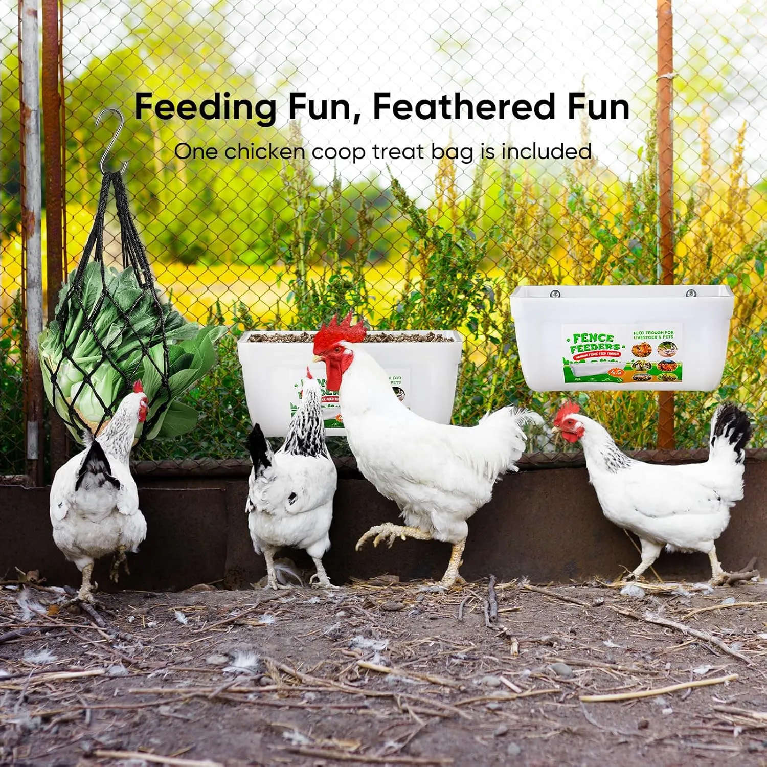 4 Pack Chicken Feeders, 4.5 Quart Goat Hanging Fence Feeders, with Hooks, Screws, & Chicken Coop Treat Bag, Livestock Feeders Water Bucket for Chickens, Ducks, Dogs, Cows, Sheep, Rabbits