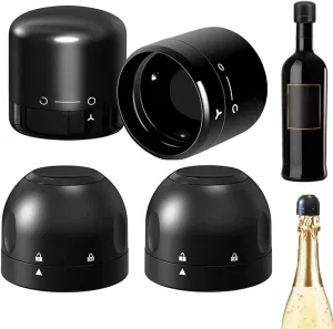 4 Pack Silicone Sealed Wine Champagne Stoppers Twist Top Wine Sealer for Wine Bottle Leakproof Wine Saver Stopper Keep Champagne Fresh Perfect for Sparkling Wine Storage (Black)
