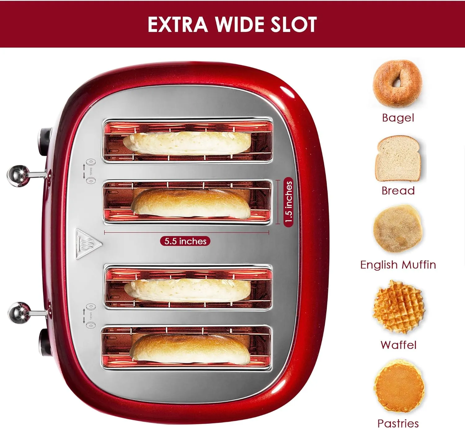 4 Slice Toaster Retro Stainless Steel with Bagel Defrost Cancel Function, 6 Browning Settings, Extre Wide Slot and Removable Crumb Tray, Red, ST033
