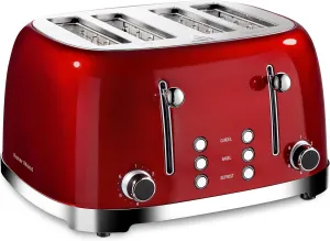 4 Slice Toaster Retro Stainless Steel with Bagel Defrost Cancel Function, 6 Browning Settings, Extre Wide Slot and Removable Crumb Tray, Red, ST033