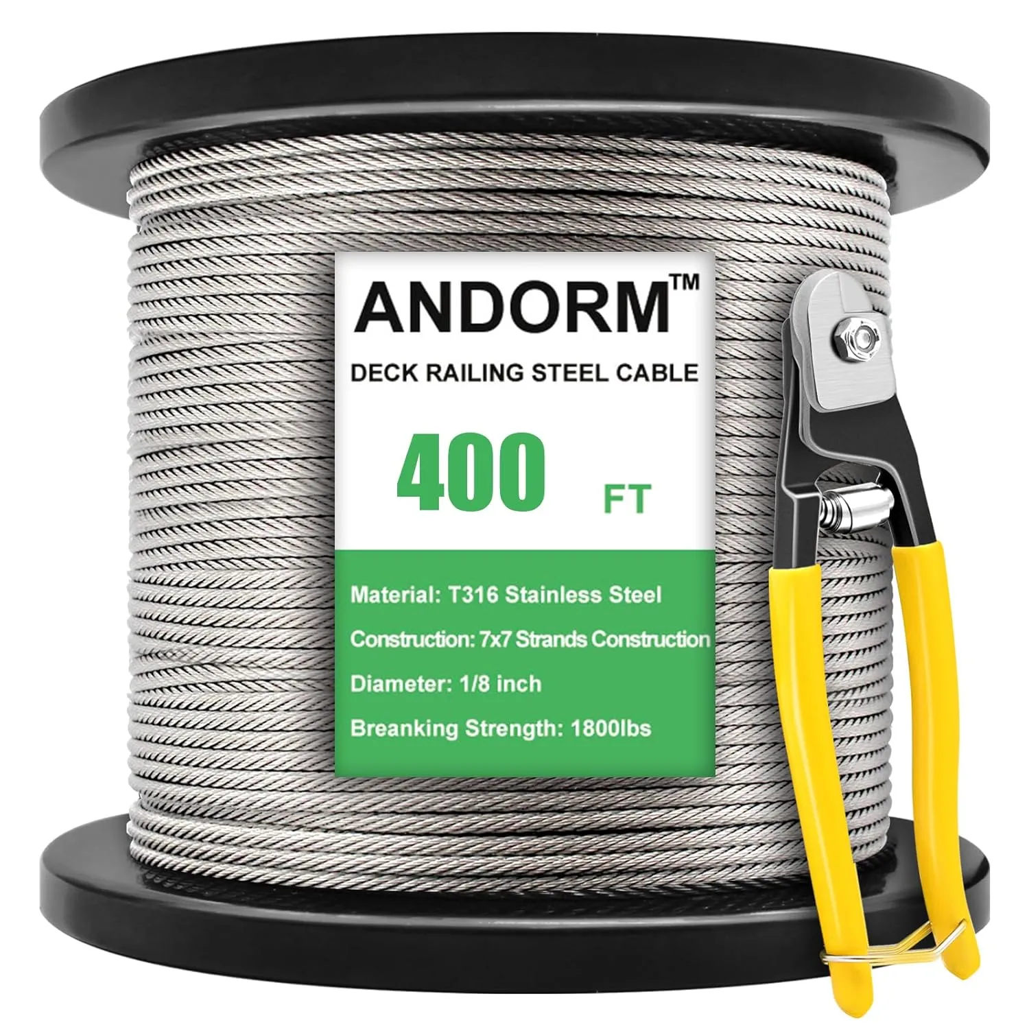 400ft 1/8" Stainless Steel Deck Cable Railing Wire Rope T316 7x7 Strands Construction Aircraft Cable, Deck Wire Railing for Deck Cable Railing System Kit, Cable Railing Hardware