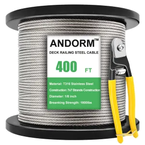 400ft 1/8" Stainless Steel Deck Cable Railing Wire Rope T316 7x7 Strands Construction Aircraft Cable, Deck Wire Railing for Deck Cable Railing System Kit, Cable Railing Hardware