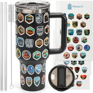 40oz National Parks Water Bottle with 63 Waterproof Stickers Hand-Painted Pattern Stainless Steel Double Wall Travel Handle Leakproof Coffee Mug Hobbyist Creations by Camping & Hiking（Straw, Spout）