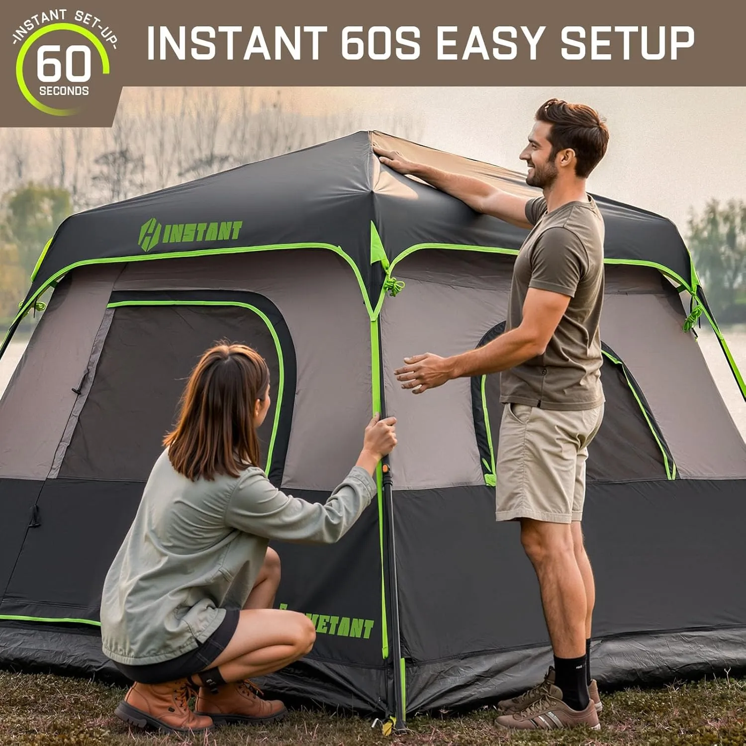 4/6 Person Instant Tent, Waterproof Pop Up Tents for Camping with Rainfly, 60 Seconds Easy Setup, Automatic Cabin Tent for Family Camping with Expandable Carry Bag & Upgraded Ventilation