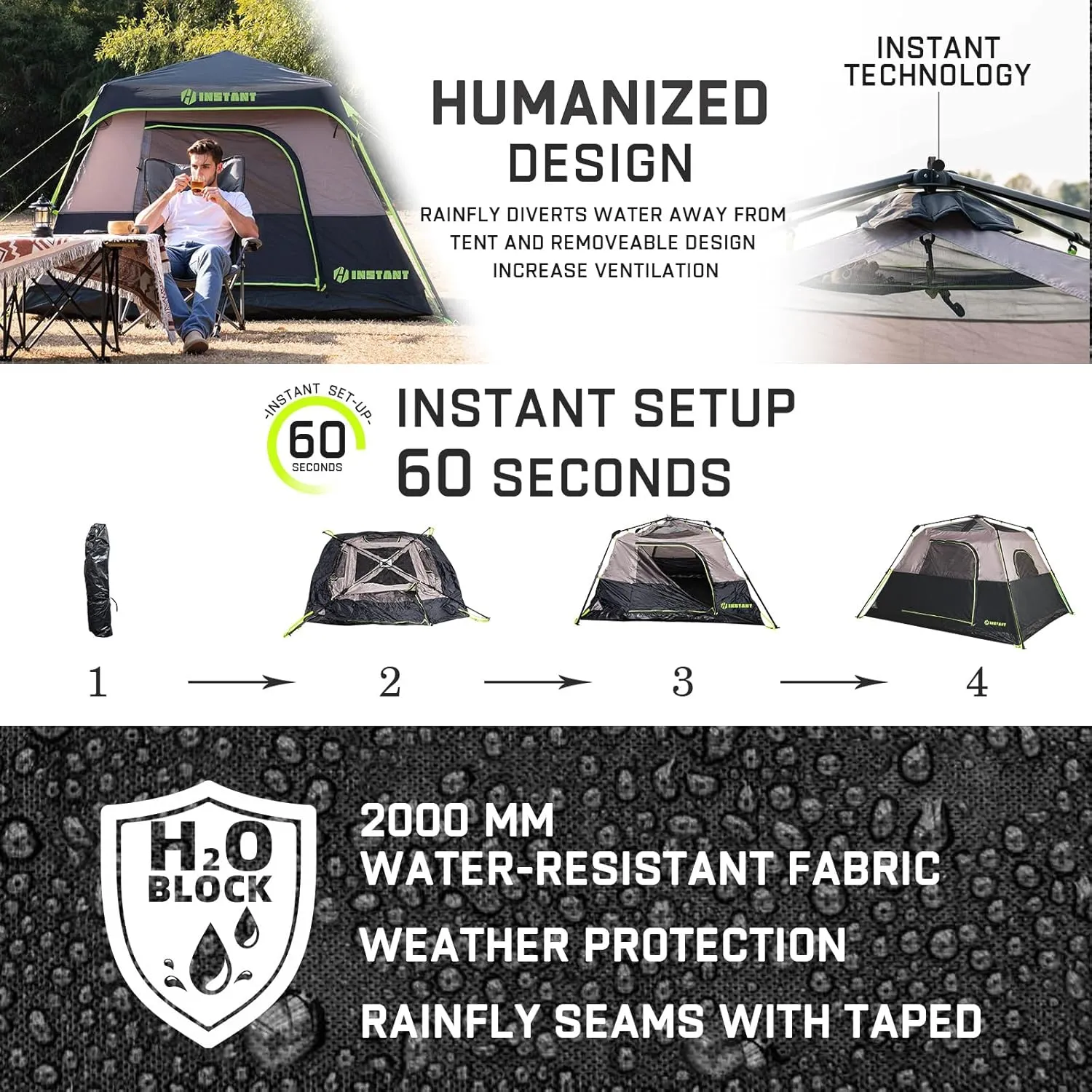 4/6 Person Instant Tent, Waterproof Pop Up Tents for Camping with Rainfly, 60 Seconds Easy Setup, Automatic Cabin Tent for Family Camping with Expandable Carry Bag & Upgraded Ventilation
