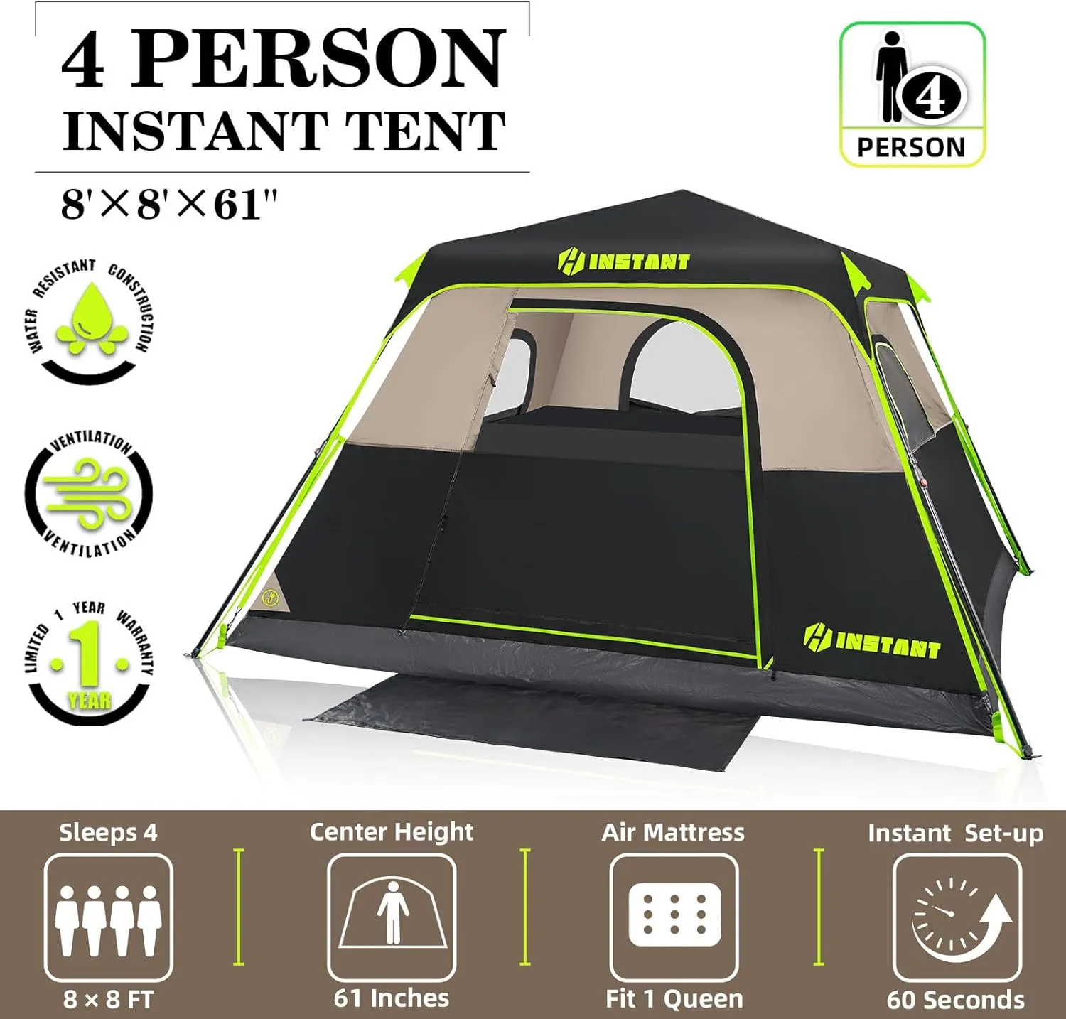 4/6 Person Instant Tent, Waterproof Pop Up Tents for Camping with Rainfly, 60 Seconds Easy Setup, Automatic Cabin Tent for Family Camping with Expandable Carry Bag & Upgraded Ventilation