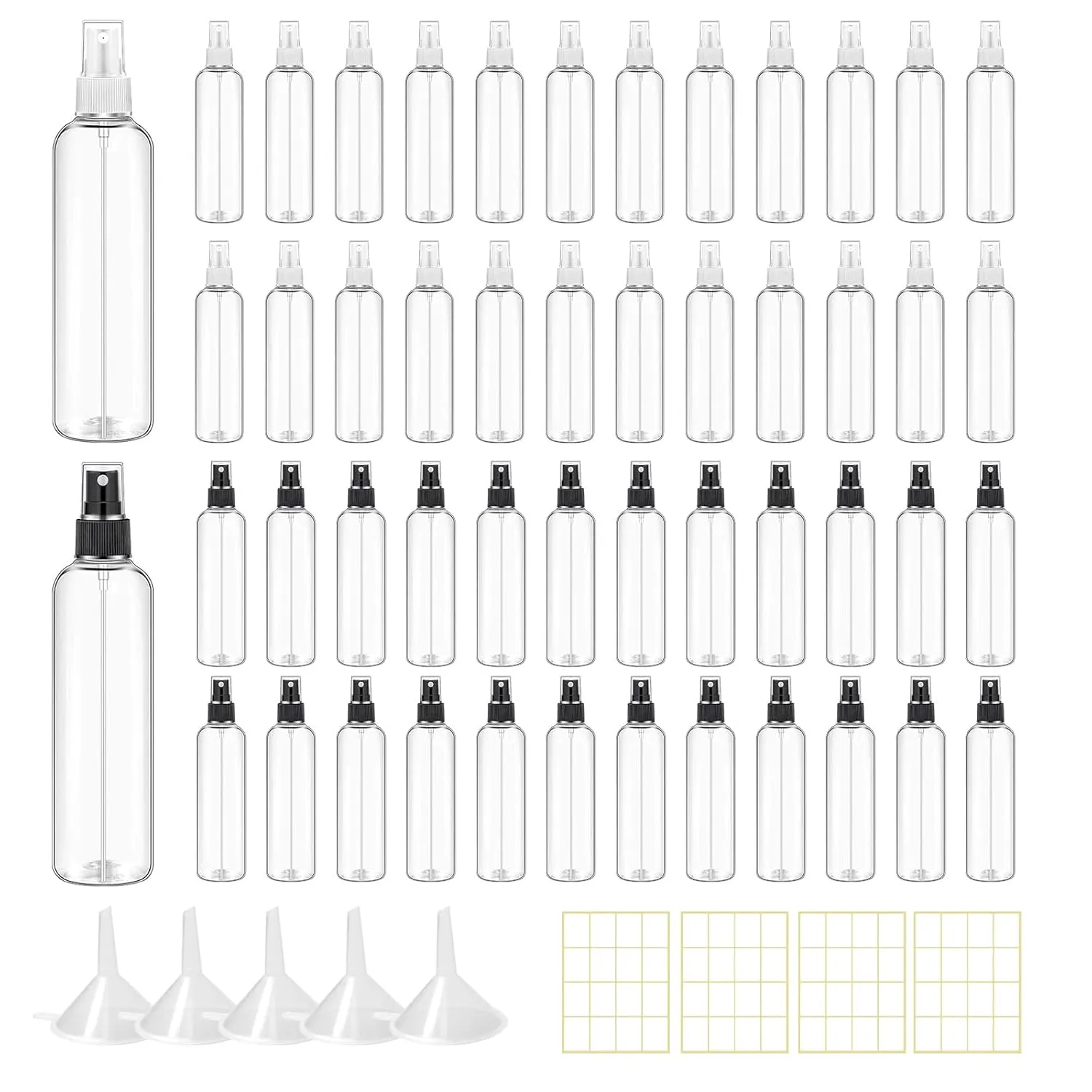 48 Pcs 8 oz Plastic Spray Bottles Refillable Mist Sprayer with Spray Cap Classic Fine Mist Spray Bottles Clear Empty Plastic Travel Bottles for Oils Travel Perfumes Essential (Black,White)