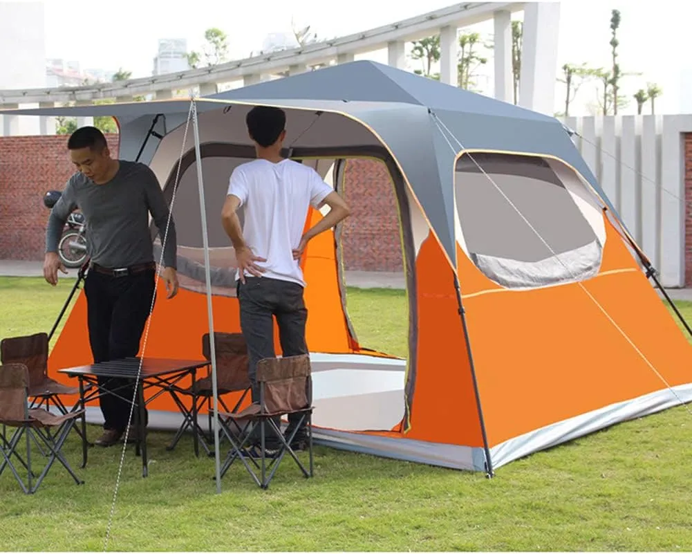 5-8 Person Family Camping Tent Automatic Pop Up Tent with Zipped Double Door Foldable Festival Double Layer Tent with Porch for Outdoor Hiking Fishing (Orange 5) (Orange 5)