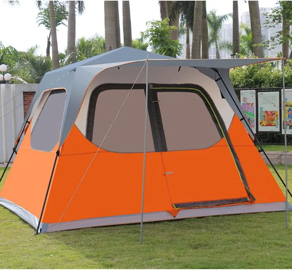 5-8 Person Family Camping Tent Automatic Pop Up Tent with Zipped Double Door Foldable Festival Double Layer Tent with Porch for Outdoor Hiking Fishing (Orange 5) (Orange 5)