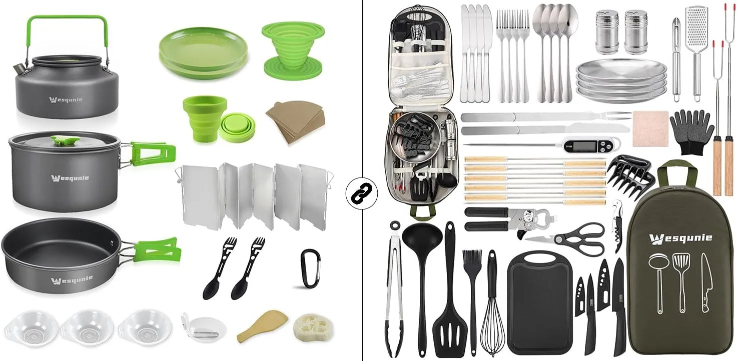 50Pcs Camping Cooking Utensils Set & 20Pcs Outdoor Camping Cookware Mess kit Green Bundle