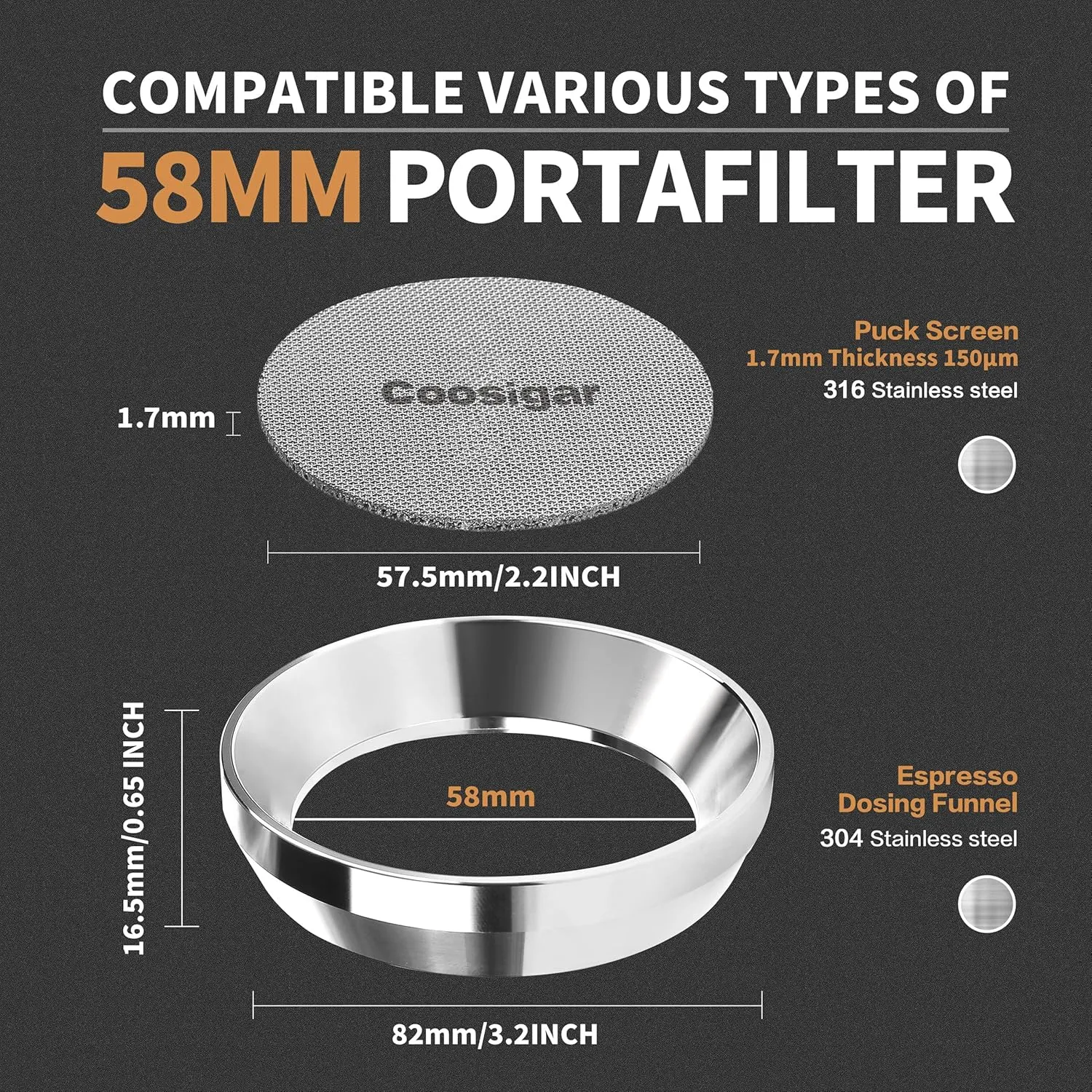 58mm Espresso Dosing Funnel and Puck Screen Set,Stainless Steel Coffee Dosing Ring Compatible with Gaggia E61 58mm Portafilter.Reusable 1.7mm Thickness Puck Screen.(Stainless Steel)