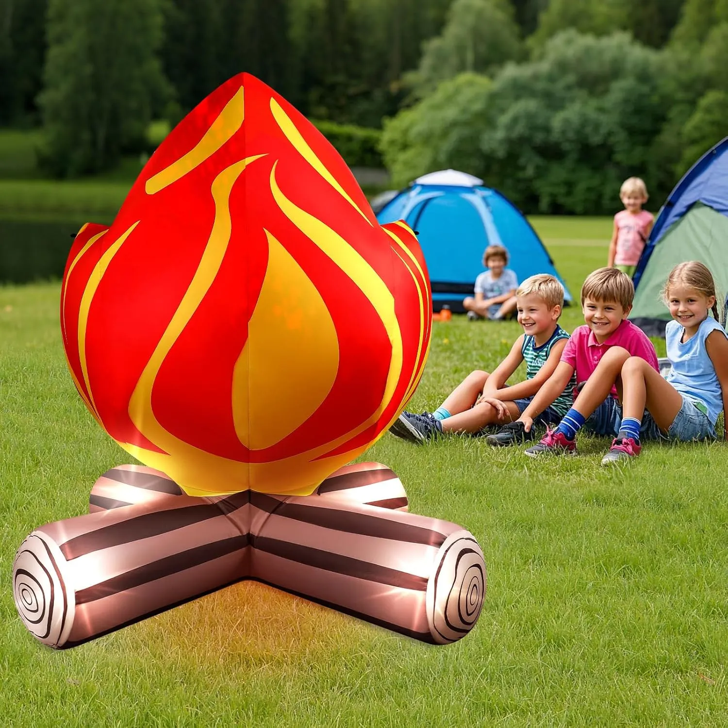 5FT Inflatable Campfire Decoration, Inflatable Fire Fake Decorations Build-in 4 Bright LEDs Campfire Blow-up Yard Decorations for Lawn Garden Party Bonfire Theme Birthday Night Party
