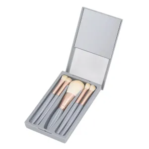 5Pcs Mini Travel Makeup Brush Set with Case & Mirror, Complete Function Cosmetics Brushes Kit for Women & Girls, Portable Cosmetic Brush Kit in Grey