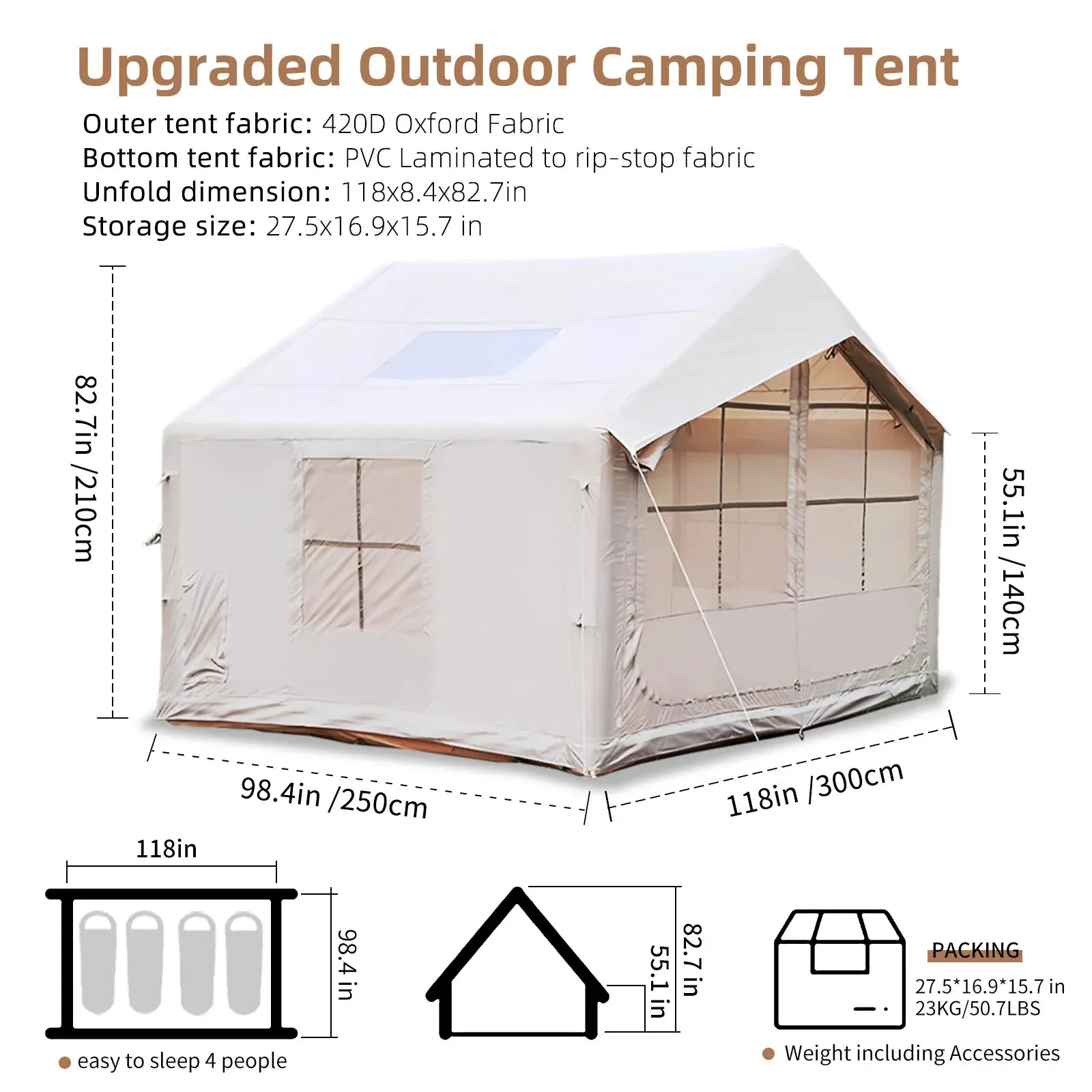 6-8 People Inflatable Tent for Camping with Pump Portable Blow Up Tent Easy Set-up Air Tent