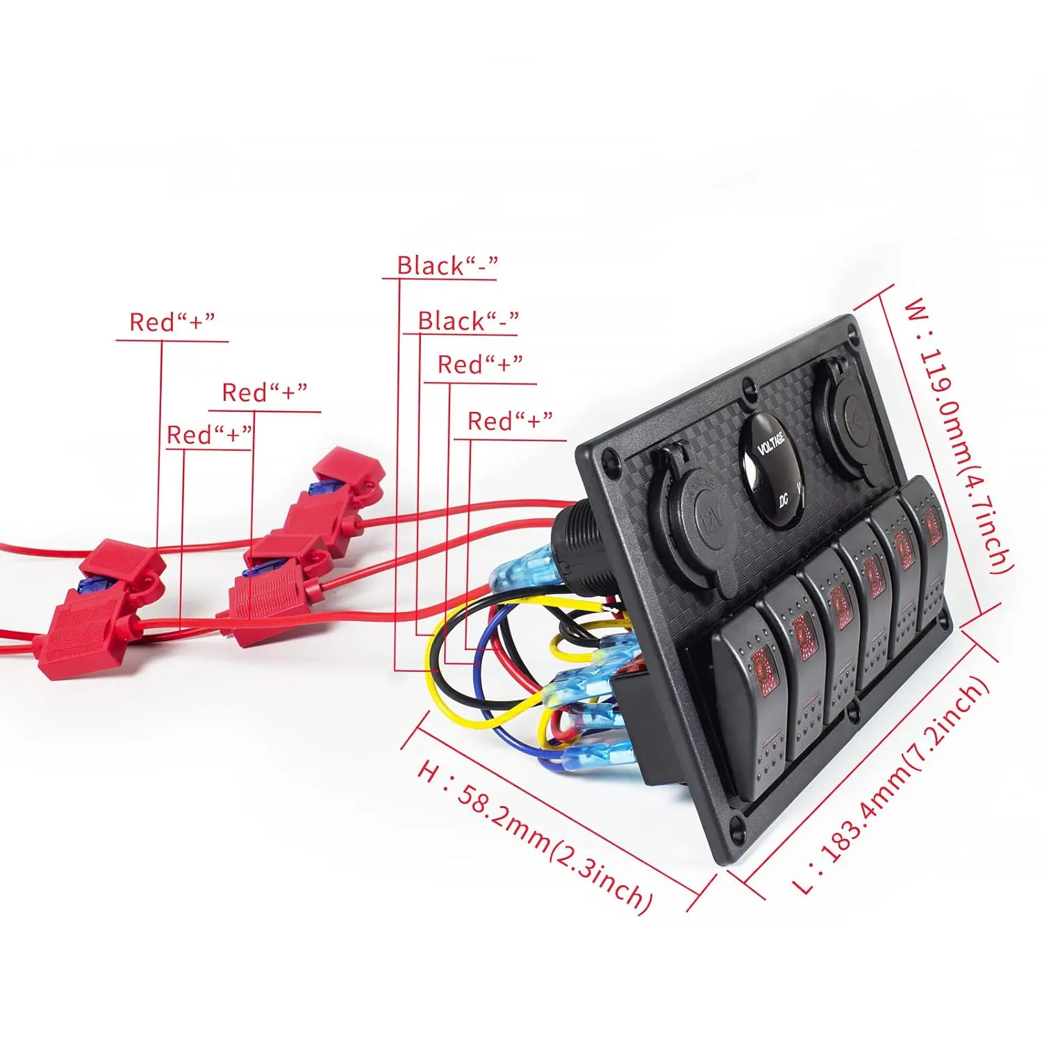 6 Gang Rocker Switch Panel, LED Digital Voltmeter with 3.1A Dual USB Charger, 12/24V Wired Toggle Switch Panel for Automotive Cars Marine Boats RVs Red