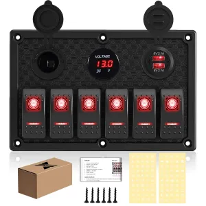 6 Gang Rocker Switch Panel, LED Digital Voltmeter with 3.1A Dual USB Charger, 12/24V Wired Toggle Switch Panel for Automotive Cars Marine Boats RVs Red