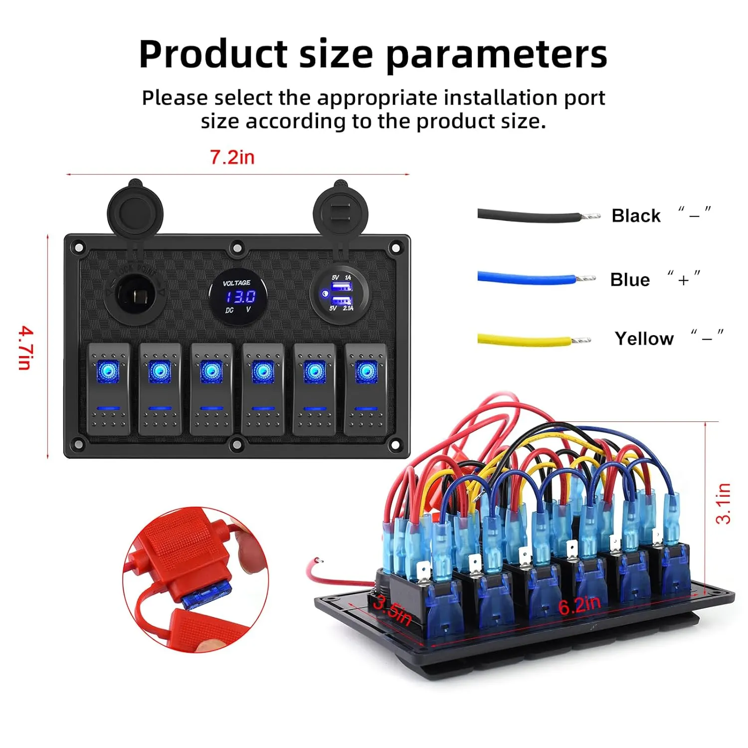 6 Gang Rocker Switch Panel, LED Digital Voltmeter with 3.1A Dual USB Charger, 12/24V Wired Toggle Switch Panel for Automotive Cars Marine Boats RVs