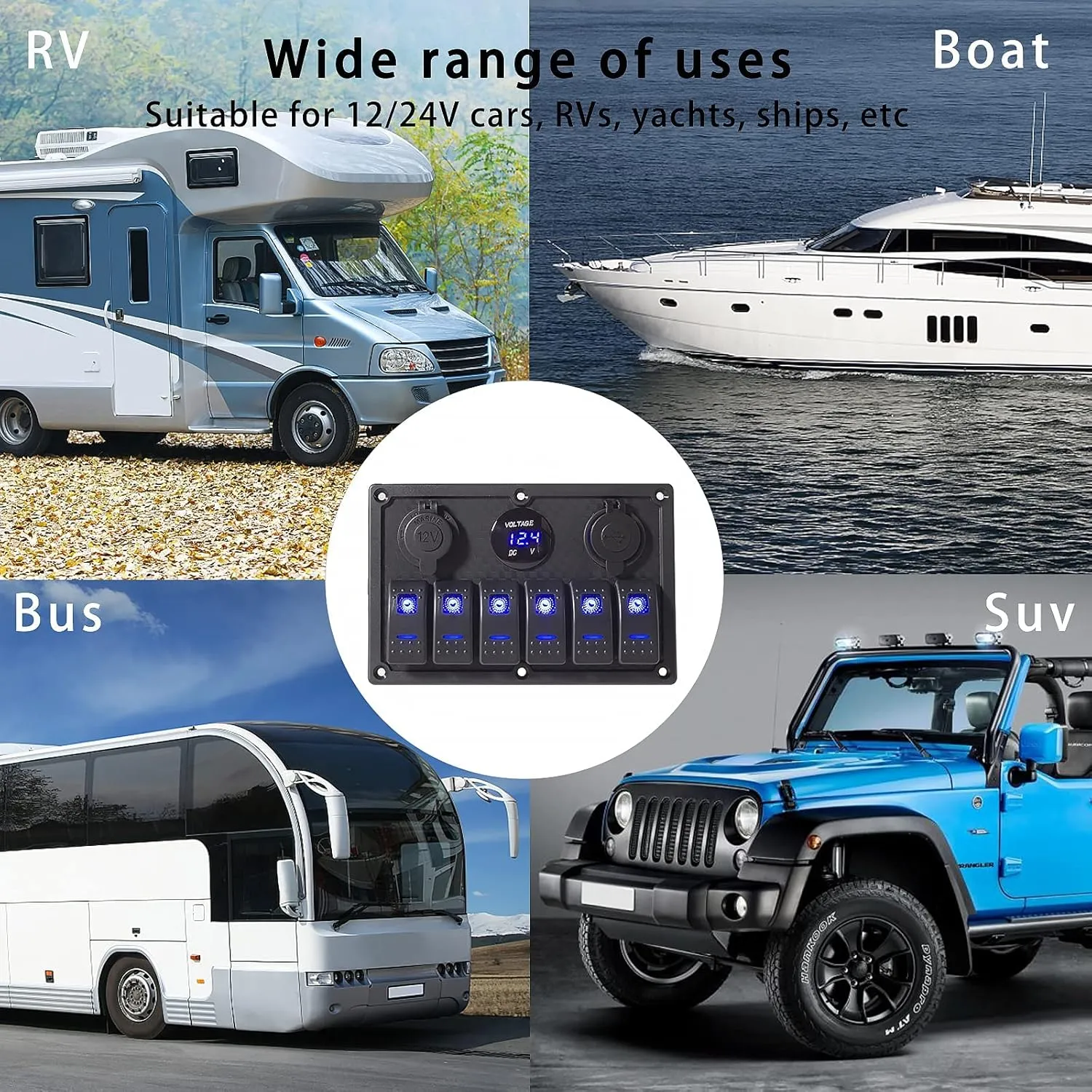 6 Gang Rocker Switch Panel, LED Digital Voltmeter with 3.1A Dual USB Charger, 12/24V Wired Toggle Switch Panel for Automotive Cars Marine Boats RVs