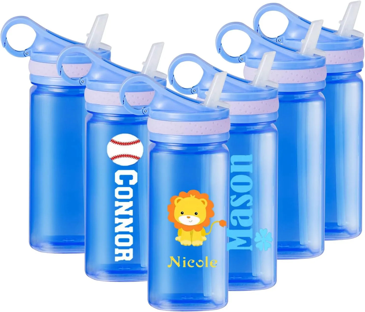 6 Pack Kids Water Bottle with Straw & Hanging Clip, 16 oz Square Personalized Plastic Water Bottle Bulk, Dishwasher Safe & Lightweight for Boys Girls to School Sports Travel Camping, DIY Gift, Blue