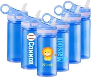 6 Pack Kids Water Bottle with Straw & Hanging Clip, 16 oz Square Personalized Plastic Water Bottle Bulk, Dishwasher Safe & Lightweight for Boys Girls to School Sports Travel Camping, DIY Gift, Blue
