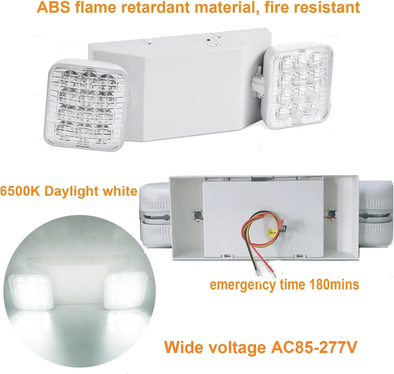 6 Pack LED Emergency Lights Fixture, Commercial Emergency Lights with Battery Backup, Square 2 Head Adjustable Emergency Light for Home & Business, Emergency exit Sign Light AC110V-277V