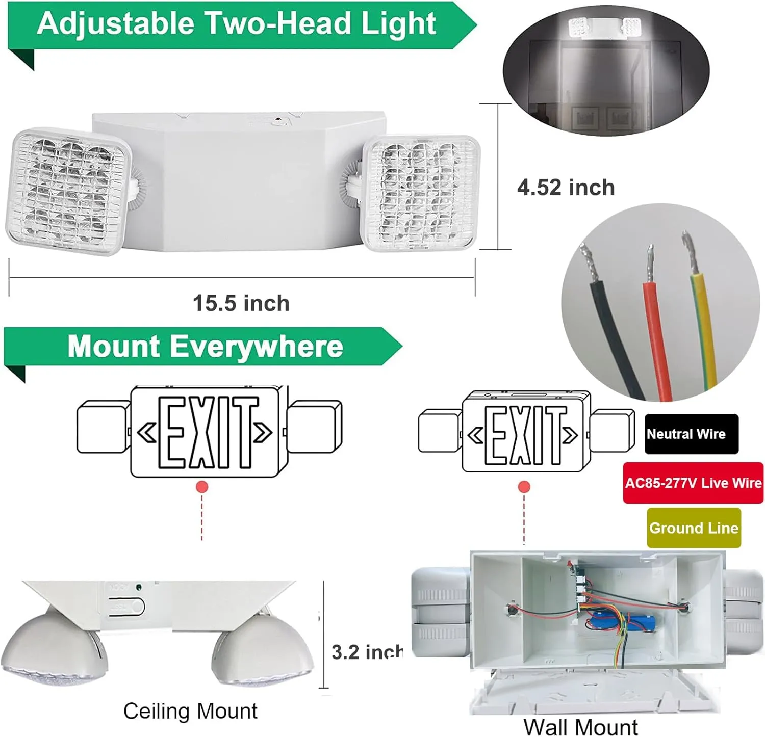 6 Pack LED Emergency Lights Fixture, Commercial Emergency Lights with Battery Backup, Square 2 Head Adjustable Emergency Light for Home & Business, Emergency exit Sign Light AC110V-277V