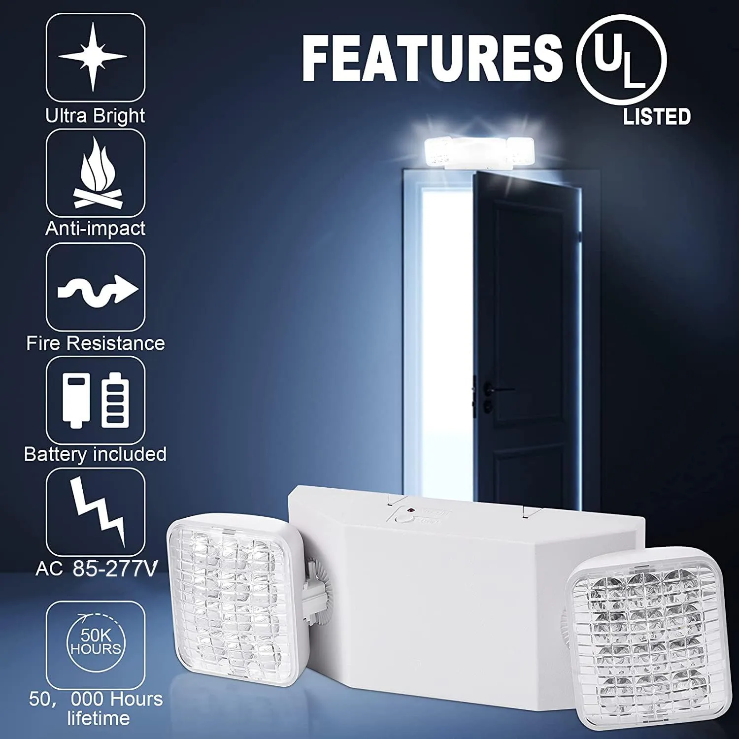 6 Pack LED Emergency Lights Fixture, Commercial Emergency Lights with Battery Backup, Square 2 Head Adjustable Emergency Light for Home & Business, Emergency exit Sign Light AC110V-277V