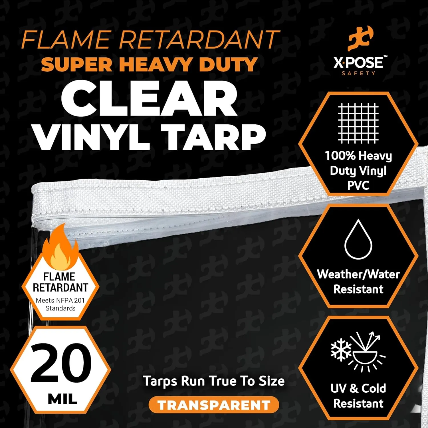 6' x 8' Clear Vinyl Tarp - Fire Retardant 20 Mil Super Heavy Duty Transparent Waterproof PVC Tarpaulin with Brass Grommets - for Patio Enclosure, Temporary Wall, Multipurpose - by Xpose Safety