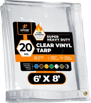 6' x 8' Clear Vinyl Tarp - Fire Retardant 20 Mil Super Heavy Duty Transparent Waterproof PVC Tarpaulin with Brass Grommets - for Patio Enclosure, Temporary Wall, Multipurpose - by Xpose Safety
