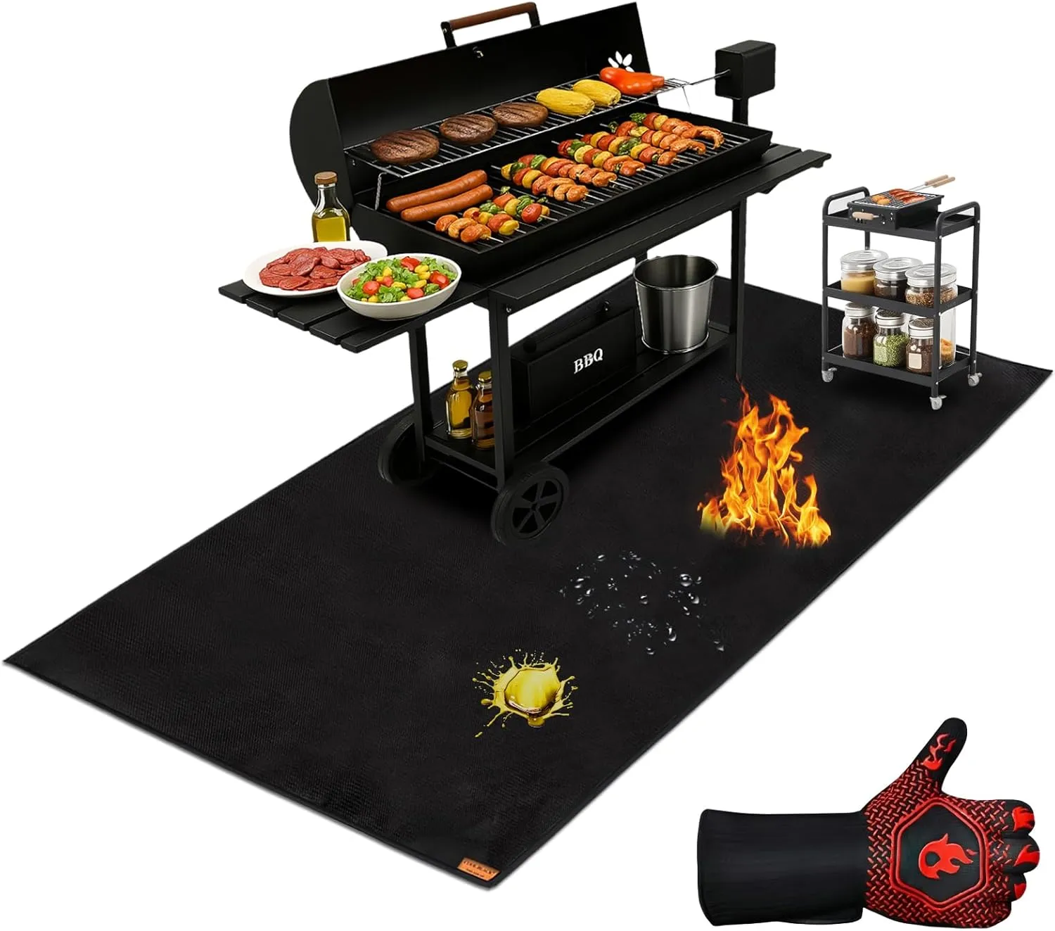 60 x 40 Inch Under Grill Mats for Outdoor Grill – 4 Layer Fireproof Waterproof Oil-Proof, BBQ Mat with BBQ Gloves, Heavy-Duty 1300g Windproof, with Cotton Insulated Bottom, for Deck, Patio, Fireplace