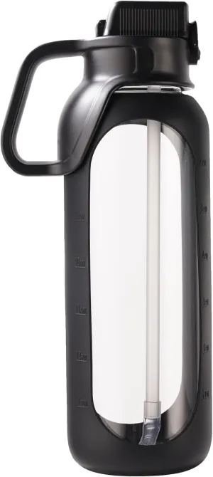 64 Oz Glass Water Bottle with Straw and Handle Wide Mouth Half Gallon Large Water Bottle 2L with Silicone Sleeve for Gym Workout (64 Oz)
