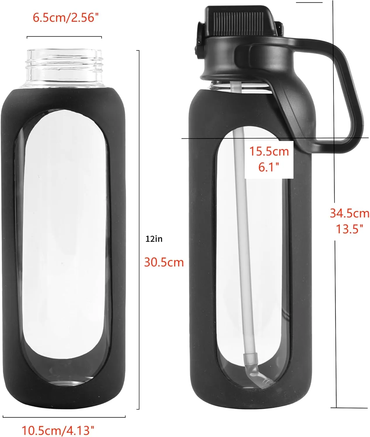 64 Oz Glass Water Bottle with Straw and Handle Wide Mouth Half Gallon Large Water Bottle 2L with Silicone Sleeve for Gym Workout (64 Oz)