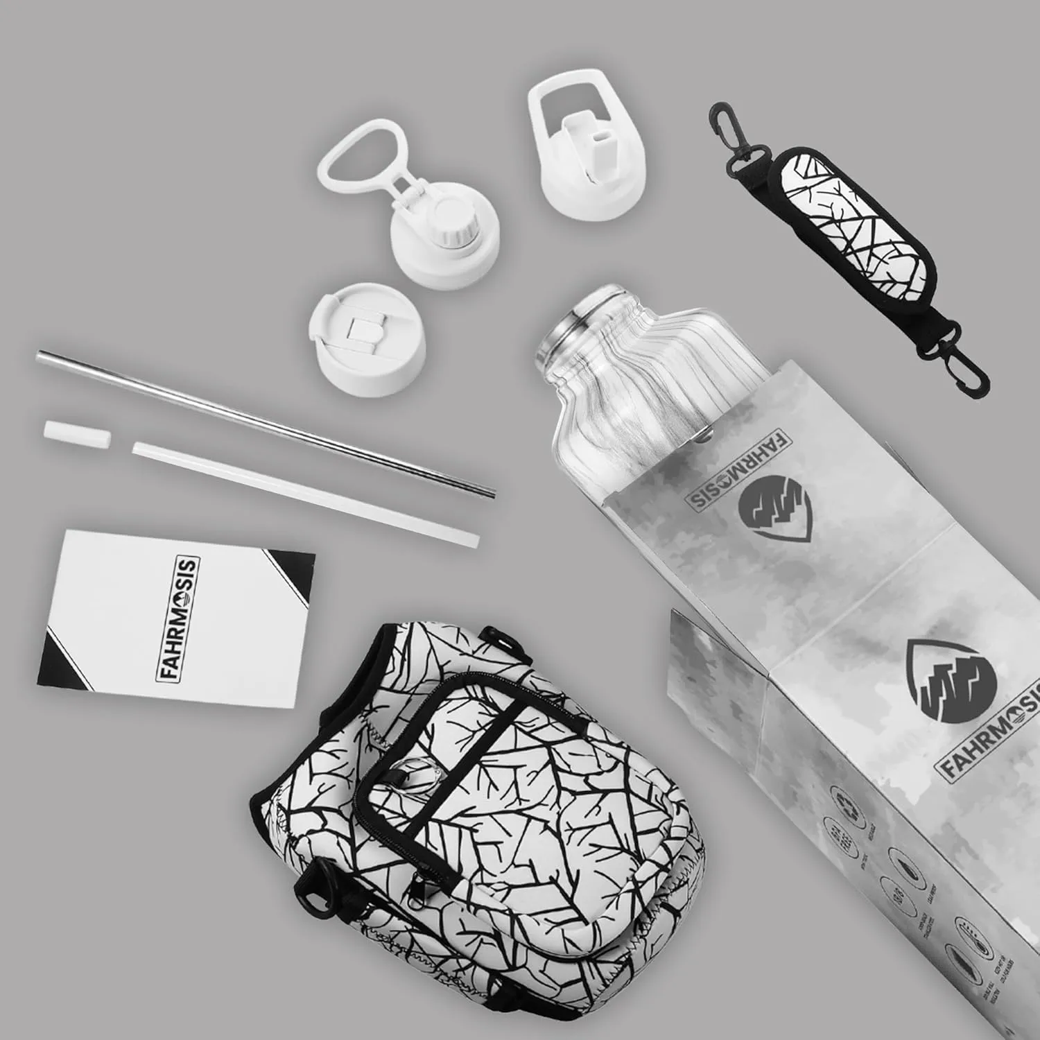 64 Oz Insulated Water Bottle with Strap Stainless Steel Sports Water Bottle with 3 Lids (Straw, Chug and Flip Lid) Leak Proof Metal Half Gallon Jug for Men & Women - White Marble