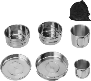 6PCS Stainless Steel Cookware Set, Camping Cookware Set Camping Gear, Mini Picnic Camping Cooking Mess Kit, Portable Pan Pot Plate Tableware for Outdoor Backpacking Camping Hiking Picnic