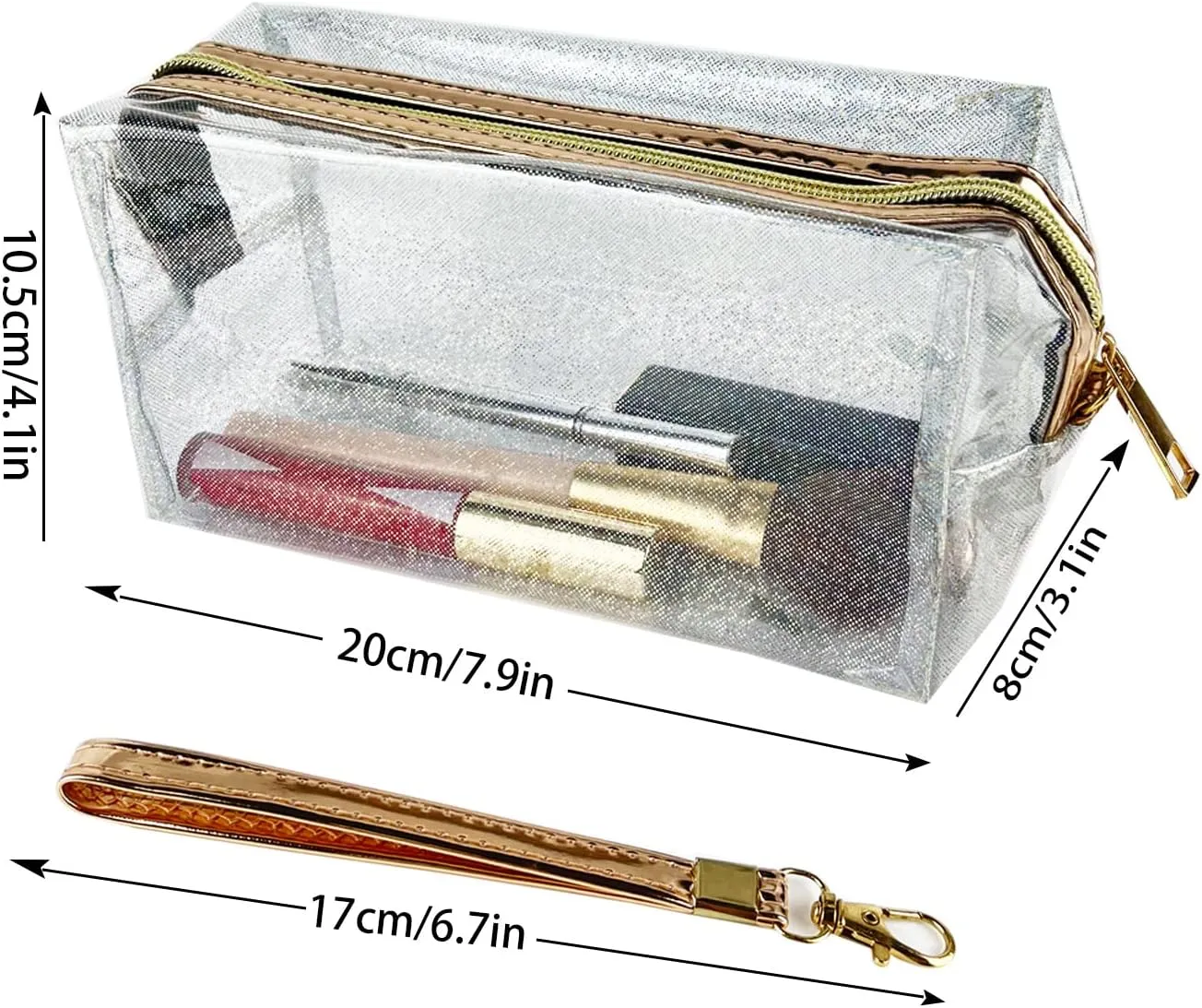 6Pcs Waterproof Cosmetic Bags PVC Transparent Zippered Toiletry Bag with Handle Strap Portable Clear Makeup Bag Pouch for Bathroom, Vacation and Organizing