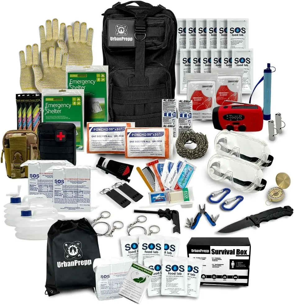 72-Hour Survival Combo Kit - 2 Person Bugout Bag & Survival Box with Food, Water, First Aid, Tools