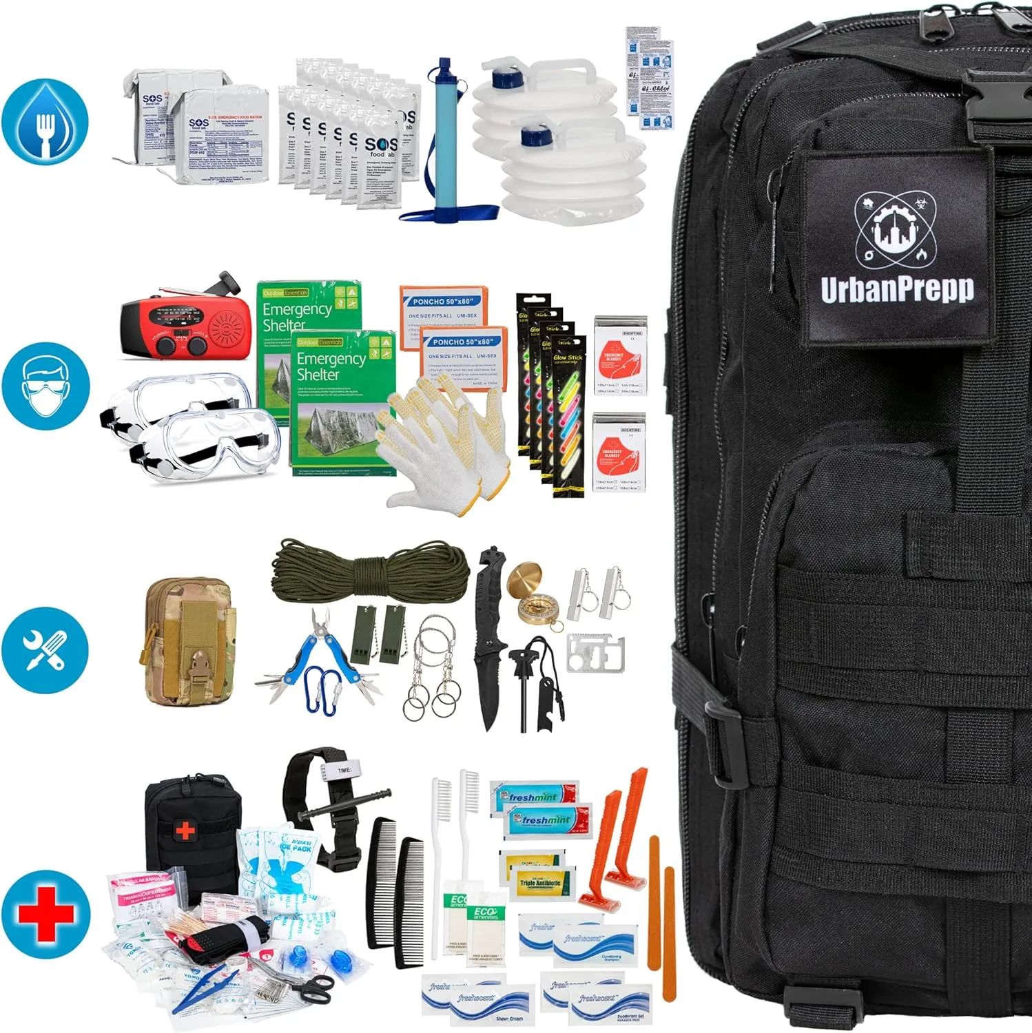 72-Hour Survival Combo Kit - 2 Person Bugout Bag & Survival Box with Food, Water, First Aid, Tools