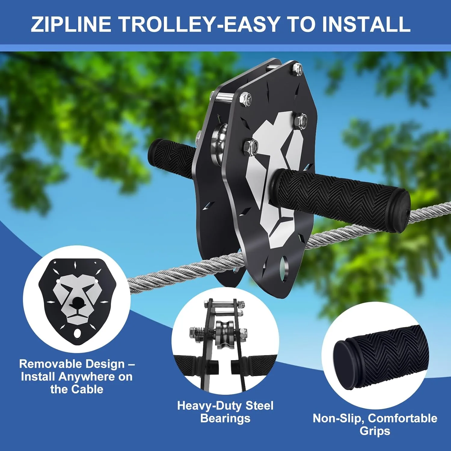 75ft/100ft/120ft/150ft Zip Line Kit for Kids and Adults Up to 380lb – Upgraded Removable Lion Trolley, 6.5ft Spring Brake, Tree Protectors, Safety Harness & Seat – Backyard Zipline Set