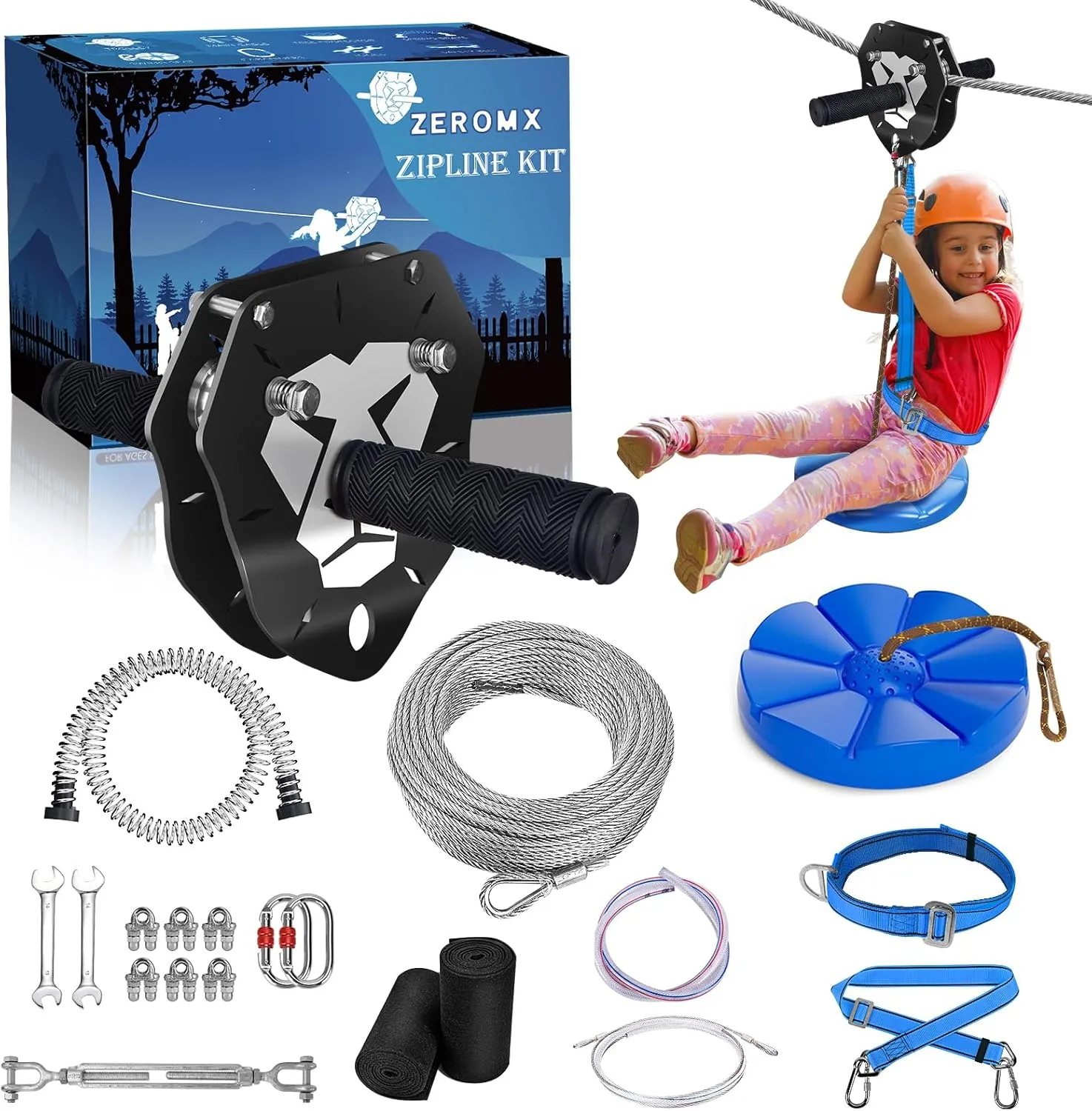 75ft/100ft/120ft/150ft Zip Line Kit for Kids and Adults Up to 380lb – Upgraded Removable Lion Trolley, 6.5ft Spring Brake, Tree Protectors, Safety Harness & Seat – Backyard Zipline Set