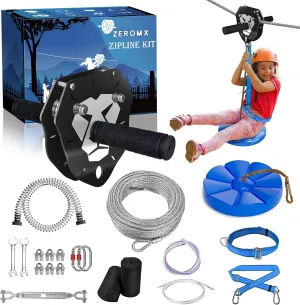 75ft/100ft/120ft/150ft Zip Line Kit for Kids and Adults Up to 380lb – Upgraded Removable Lion Trolley, 6.5ft Spring Brake, Tree Protectors, Safety Harness & Seat – Backyard Zipline Set