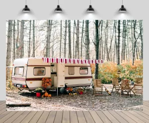 7ftx5ft Autumn Camp Backdrop Camper Van Pine Forest Fall Season Hiking Woods Background Wedding Bridal Shower Fall Hiking Camp Party Decor Photo Booth Studio Props Wallpaper